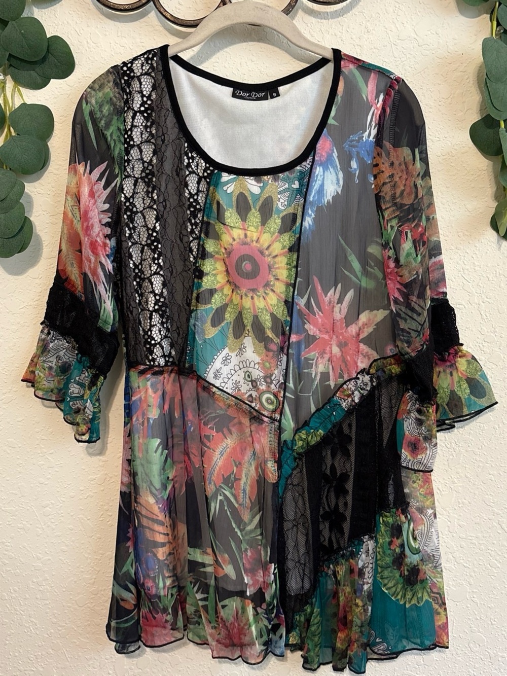 Y2K Fairy Mixed Print Floral Lace Flare-Sleeved Top✨